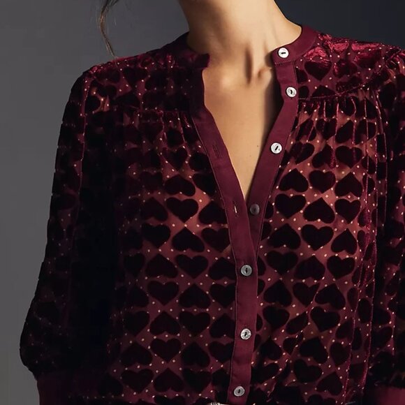 Anthropologie Maeve Velvet Burnout Blouse Heart Red Sheer Top - Picture 5 of 14